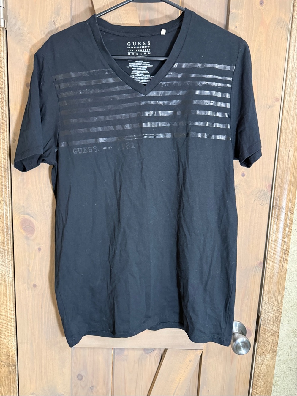 GUESS Black V-Neck Short Sleeve Tee with Gloss Stripe